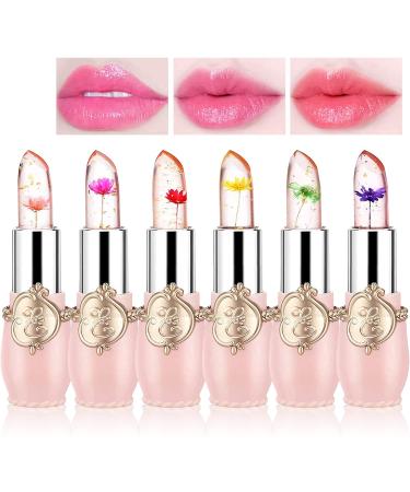 Sulily 6 Pcs Crystal Flower Jelly Lipstick Long Lasting Nutritious Lip Moisturizer Lip Gloss Balm  Lips Moisturizer Magic Color Change with Temperature Mood Lip Gloss(pink)