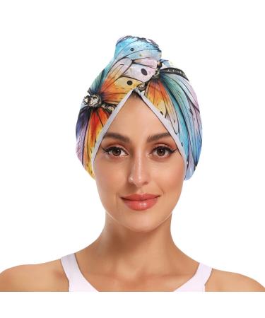Butterfly Watercolor Hair Towel 2 Pack Super Absorbent Hair Drying Towel Quick Dry Hair Turbans Head Towel with Button Twisty Wrap for Women Girls