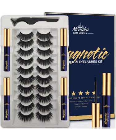 MENAKA 3D Magnetic Eyelashes With Eyeliner Kit - Magnetic Lashes Natural Looking 10 Pairs Magnetic Eyelash Kit - 4 Tube of Magnetic Eyeliner for Reusable  Easy to Apply KIT-SF:10 pairs+4 tubes