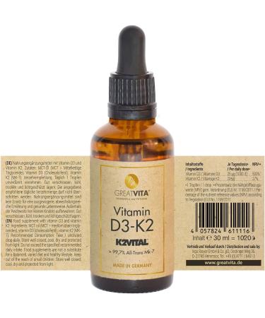 Buy GreatVita Vitamin D3-K2 30ml | High Dose 1000 IU D3 + 20 g K2 MK-7 | 1020 Drops in MCT Oil | Free Worldwide Shipping - Buy Online on GoSupps.com