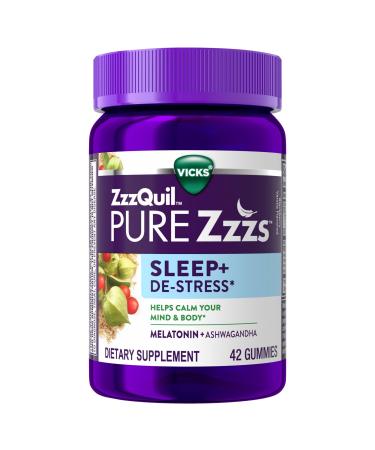 ZzzQuil PURE Zzzs De-Stress Melatonin Sleep Aid Gummies Helps Calm Your Mind and Body Ashwagandha for Stress Support Sleep Aids for Adults 1 mg per gummy 42 Count Blackberry Vanilla 42 Count (Pack of 1)