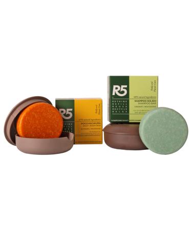 R5 - Kit 1 solid moisturizing shampoo + 1 solid shower gel + 2 solid shower holders in 100% recycled plastic - Two solids of 70g each (the equivalent of 4 bottles of 250ml).