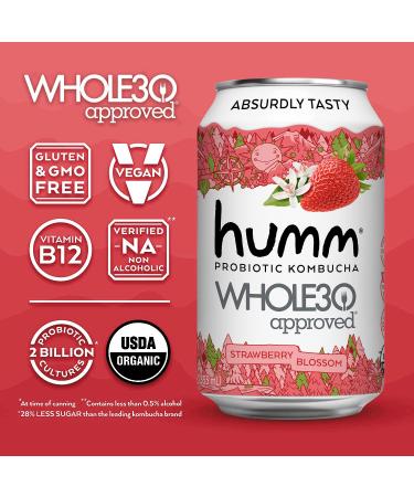 Humm Organic Vegan Strawberry Blossom Kombucha - Whole30 Approved, 2 Billion Probiotics, GMO-Free (12 Pack) - Buy Online on GoSupps.com