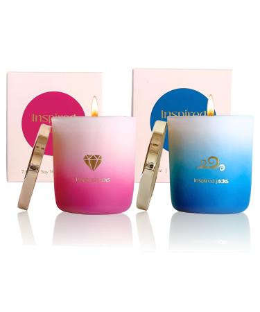 Luxe 2 Candle Gift Set Purple Gold Diamond Raspberry & White Musk and Blue Gold Waves Sea Breeze