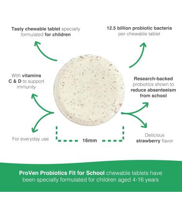 Pro-Ven Fit for School Kids Probiotic Chewable Tablets | 12.5 Billion CFUs with Vitamin C & D for Ages 4-16 | Natural Strawberry Flavor | Vegetarian Gluten & Lactose Free | 30 Daily Tablets - Buy Online on GoSupps.com