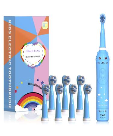 Rechargeable Toothbrush for Children Sonic Toothbrush for Kids Smart Electric Toothbrush for Boys Girls Age 3-12 30s Reminder 2 Mins Timer 6 Modes 8 Brush Heads Cartoon Design 8650 Blue+ 8 Brush Heads