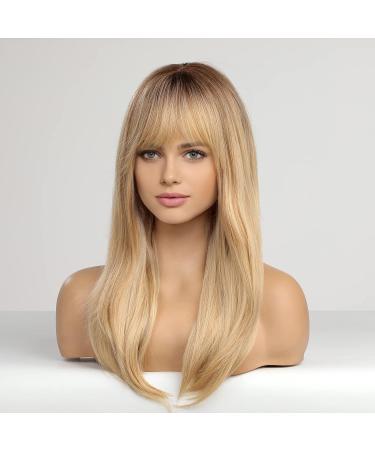 HAIRCUBE Long Blonde Straight Wigs for Women with Fringe and Dark Roots - Synthetic Layered Hair Wig - Buy Online on GoSupps.com