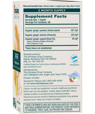 Himalaya Organic Ginger Digestive Relief Supplement - 820mg 60 Caplets - 2 Month Supply | Relieve Nausea, Gas, Upset Stomach - Buy Online on GoSupps.com
