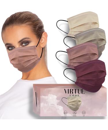 Virtue Code Face Mask. 50 Disposable Face Masks  Earth Tones Color Mask Pack. Cute Mask with Black Straps. One Size Fits Men and Women Adult Disposable Face Mask. Cream, Pink, Burgundy and Beige Mask Collection.