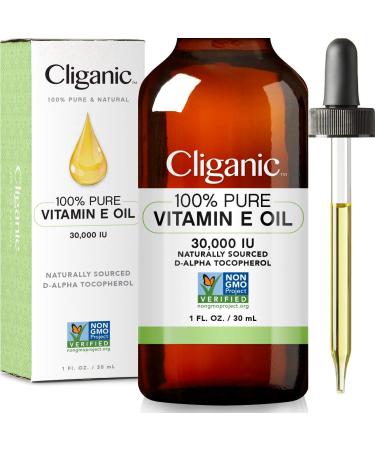 Cliganic 100% Pure Vitamin E Oil for Skin, Hair & Face - 30,000 IU, Non-GMO Verified | Natural D-Alpha Tocopherol 1 Fl Oz (Pack of 1)
