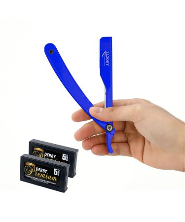 Bloony Laser Collection of Professional Free Hand Razor - Stainless Steel + 10 Derby Platinum Razor Blades (20 Half Blades) - Italian Design - Version 2021 (Blu)