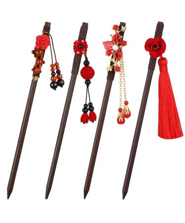 4 Pcs Retro Chinese Wooden Hairpins Japanese Hair Stick Vintage Flower Hair Chopsticks Handmade Wood Red Flower Tassel Hair Sticks Hair Accessories with Tassel for Women Girl Long Hair (Classic Style)