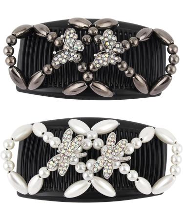 2pcs Magic Elastic Beads Hair Comb - Black White Double Clips for Women Girls | DIY Hair Styling Tool - Buy Online on GoSupps.com