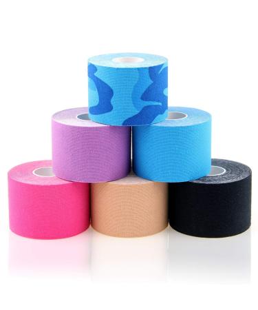AUPCON Kinesiology Tape Elastic Kinesiology Therapeutic Athletic Tape Hypoallergenic Breathable Cotton Sports Muscle Tape Therapy Recovery Support for Knee Shoulder Ankle Elbow Shin Neck Splints Mixed-uncut-6rolls