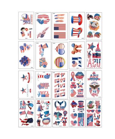 20Sheets Independence Day Tattoo Sticker Fourth of July Patriotic Temporary Tattoos Art Sticker American Flag Red White and Blue Fake Tattoos for Victory Day Labor Day Memorial Day Party Supplies