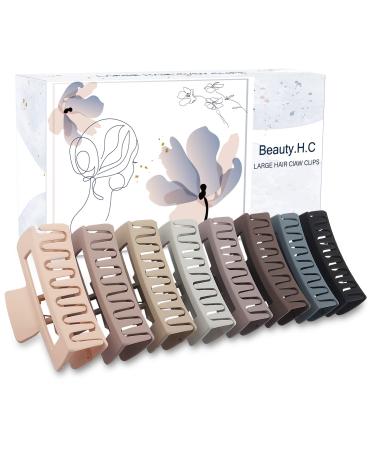 Beauty.H.C 8PCS Large Hair Claw Clips for Thick Thin Curly Hair Neutral Square Claw Clips Strong Hold Jumbo Clips for Women Girls, 4.1 Inch Matte Jaw Clips, Nonslip
