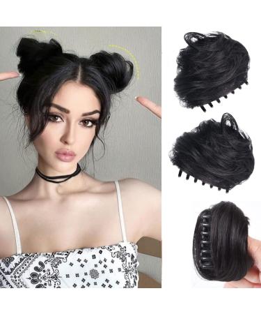 2Pcs Mini Claw Clip in Messy Cat Ears Bun Hair Piece  Space Hair Bun Extensions Wig Messy Curly Donut Chignon Synthetic Bun in Hairpieces Accessory for Women Girls (3.1 Wavy - Natural-Black)