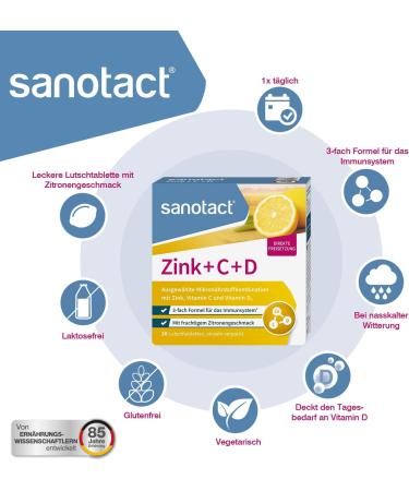 Sanotact Zinc + C + D Lollipops - Immune Support Vitamins Zinc Lozenges with Vitamin C & D3 Fruity Lemon Flavor 20 Pack - Buy Online on GoSupps.com