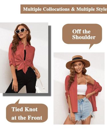 Deer Lady Women's Button Down Roll Up Long Sleeve Blouse - Brick Red (Medium) - Buy Online on GoSupps.com