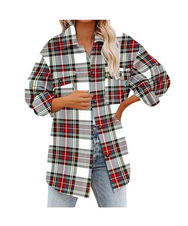 routinfly Women's Lounge Lapel Button Up Long Sleeve Plaid Shirt Jacket Shacket Casual Single Breasted Coat Tops Blouse Coat