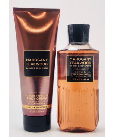 Bath and Body Mahogany Teakwood 8 Oz Cream + 10 Fl Oz 3-in-1 Hair Face and Body Wash Ultimate Hydration Men's Collection