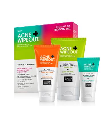 Acne Wipeout Clinical Acne System Kit - Combination Therapy Acne Treatment - Clear Pore Oil-free Cleanser, Retinol Plus Night Cream and All Day Breakout Control Acne Cream