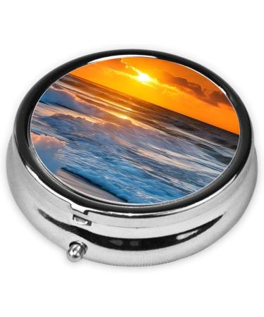 Beach Sunset Round Pill Box | 3 Compartment Portable Travel Medicine Organizer | Mini Decorative Vitamin Holder - Buy Online on GoSupps.com