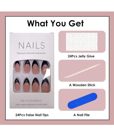 Almond False Nails Short 24Pcs in Black French Design - Elegant Stick on Nails for Women and Girls - Buy Online on GoSupps.com