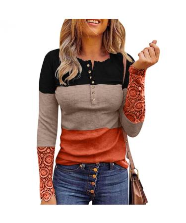 Long Sleeve Shirts for Women Fitted, Womens Ribbed Knit Henley T-Shirt Long Sleeves Tunic Lace Tops V Neck Button Shirts Tees XX-Large Orange