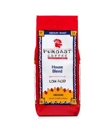 Puroast Low Acid Coffee Ground House Blend, Medium Roast, Certified Low Acid Coffee, pH 5.5+, Gut Health, 2.2 LB, Higher Antioxidant, Smooth for Espresso, Iced Coffee Premium House Blend 2.2 Pound