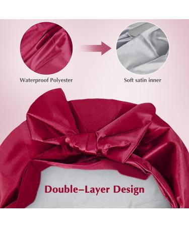 Arqumi Reusable Shower Cap with Ribbon Bow - Waterproof Double-Layer Hair Bonnet for Women Men - Wine Red - Buy Online on GoSupps.com