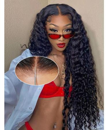 26 Inch Wear and Go Glueless Wigs Human Hair Deep Wave HD 6X4 for Real Glueless Lace Wig  3D Dome Cap Glueless Wig Pre Plucked  Pre Cut Glueless Wig Wear and Go Natural black 180% Density 26 Inch Natural black