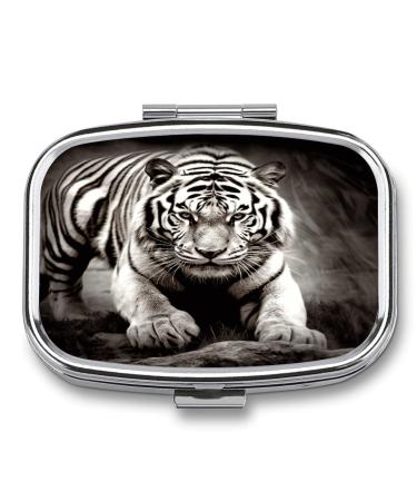 Pill Box Black and White Tiger Print 2 Compartment Medicine Pill Case Pill Organizer Decorative Metal Portable Pill Box for Pocket Or Purse Style