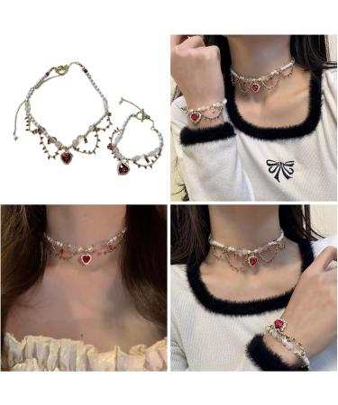 Southjieling Vintage Pearl Necklace & Bracelets - Cardiac Crystal Choker Tassel & Collarbone Chain for Fashionable Women | International Shipping Available - Buy Online on GoSupps.com