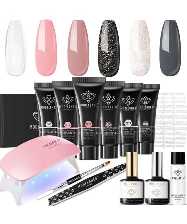 Modelones Poly Nail Extension Gel Kit - 6 Colors Poly Nails Gel Kit Nude Clear Black Pink All In One Kit Builder Glue Gel with Nail Lamp Base Top Coat Set Nail Forms French Manicure Set for Beginner Starter DIY at Home Hal