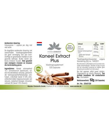 Cinnamon Extract - with 200 g Chromium and 10mg Zinc per Capsule - High Concentration - 120 Capsules | herba direkt - German Pharmacy Quality - Buy Online on GoSupps.com