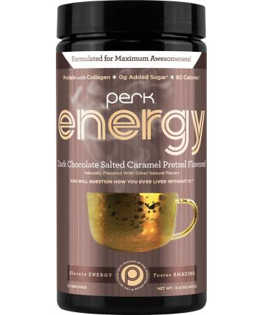 Perk Energy Dark Chocolate Salted Caramel Pretzel - Caffeinated Protein Drink Mix with 9g Protein & 100mg Caffeine - Gluten Free Soy Free Peanut Free - 20 Servings