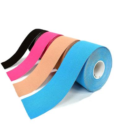 OBTANIM 4 Rolls Waterproof Breathable Kinesiology Tape, Athletic Elastic Kneepad Muscle Pain Relief Knee Taping for Gym Fitness Running Tennis Swimming Football (Black, Skin, Pink, Light Blue) Black, Skin Color, Pink, Ligh
