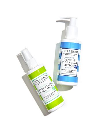 Spots & Stripes - Teen Skincare Duo for Boys Effective and Natural Essentials for Teen and Young Skin with Virgin Coconut Cucumber and Aloe Vera Super Gentle Combats Blemishes (150ml and125ml) Boys' Cleanser + Face Mist