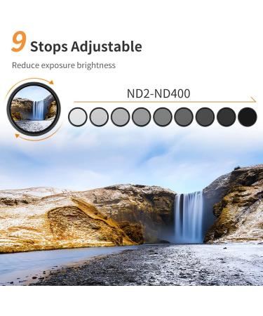K&F Concept 67mm Variable ND Filter 1-9 Stops for Camera Lens - Adjustable ND2-ND400 Neutral Density Filter with Microfiber Cloth - Buy Online on GoSupps.com