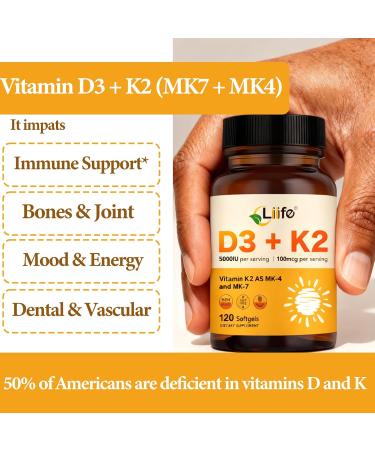 LIIFE Vitamin D3 K2(MK7+MK4) Supplement 5000IU with Organic Extra Virgin Coconut Oil - Supports Calcium Absorption Bone & Immune Health- Non-GMO 120 Softgels 120 Softgels(Pack of 1) - Buy Online on GoSupps.com