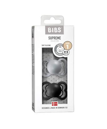 BIBSS Supreme Schnuller 2-Pack | BPA-Free Silicone Pacifiers (0-6 Months) | Made in Denmark - Cloud/Black - Buy Online on GoSupps.com