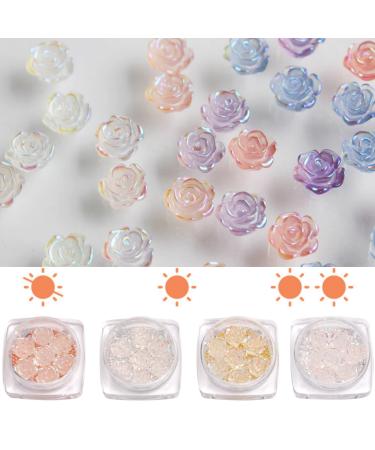3D Flowers for Valentine Nails 28pcs Colorless Rose Charms Big Size Flower Studs Light Change 4 Colors with Pearls and Caviar Beads for DIY Acrylic Nail Art Decorations 4 Color-Large Size
