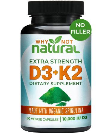 Why Not Natural Vitamin D3 K2 (MK-7) with Organic Spirulina  10000 IU Extra Strength Supplement in Veggie Capsules  Supports Bone Health  Immune System and Mood