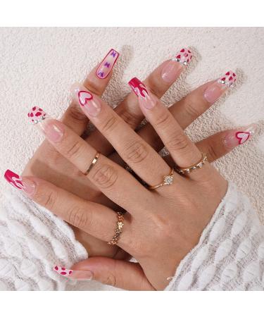 Xerling 24Pcs Press On False Nails with Rhinestones - Red Heart Butterfly Coffin Fake Nails for Women & Girls - Full Cover Stick-On Nail Art (Pattern E - Buy Online on GoSupps.com