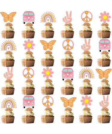 48Pcs Hippie Cupcake Toppers for Two Groovy Birthday Party Supplies Boho Rainbow Theme Party Cake Decorations (Hippie)