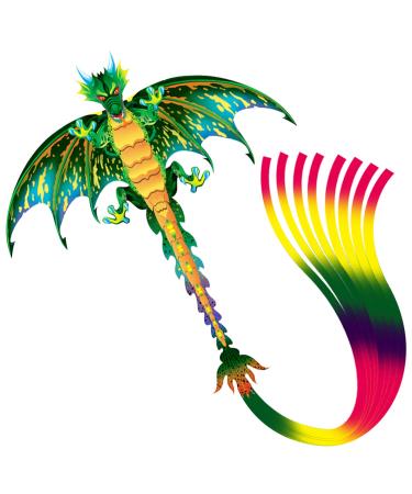 eyijklzo Green Dragon Kite Beautiful and Easy Flyer Kite for Children and Adult with Long Colorful Tail String Line Accessories Easy to Soar High Outdoor Sports Game Activities or Beach Trip