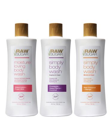 RAW SUGAR Simply Body Wash Variety Trio (25 Fl Oz Pack of 3) Vegan Bath & Shower Gel Raw Coconut + Mango Pineapple + Maqui Berry + Coconut and Watermelon + Fresh Mint No Sulfates & Parabens Raw Coconut + Mango Pineappl