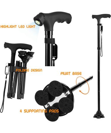 BigAlex Folding Walking Cane with LED Light & Quad Base - Adjustable Stick for Man/Woman 5.5-6.3ft - Black - Buy Online on GoSupps.com