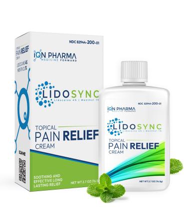 Lidosync Pain Relief Cream with 4% Lidocaine & 1% Menthol | Maximum Strength OTC | Topical Analgesic for Pain Itching Burns | Safe & Compliant Formula | Non-Greasy Soothing Feel | 2.7 oz (76.5 g)